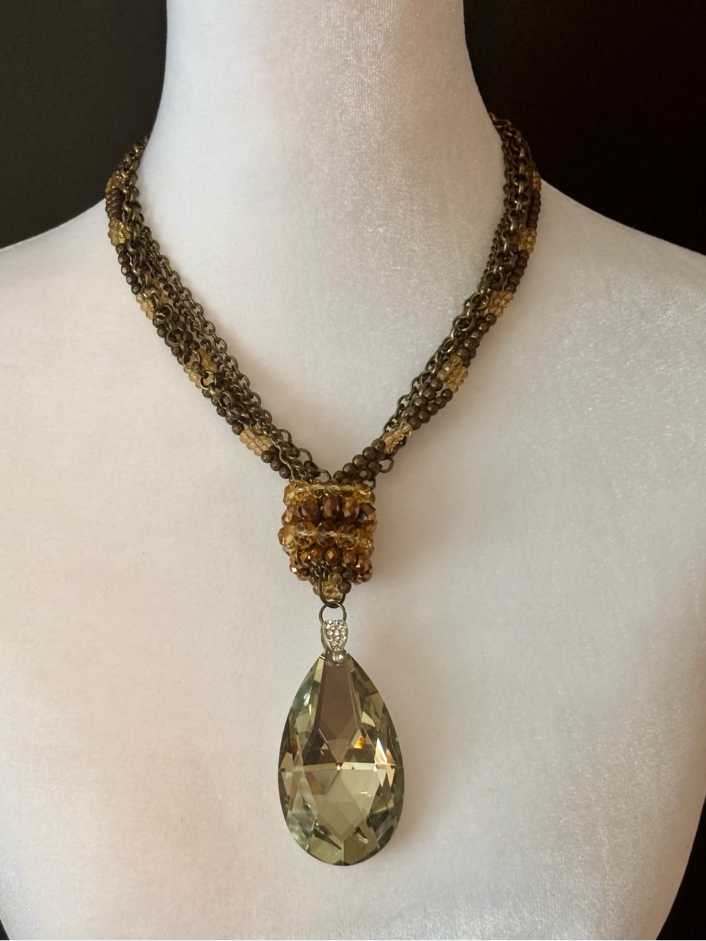 Statement Crystal Teardrop Pendant Necklace Brown Multi Strand